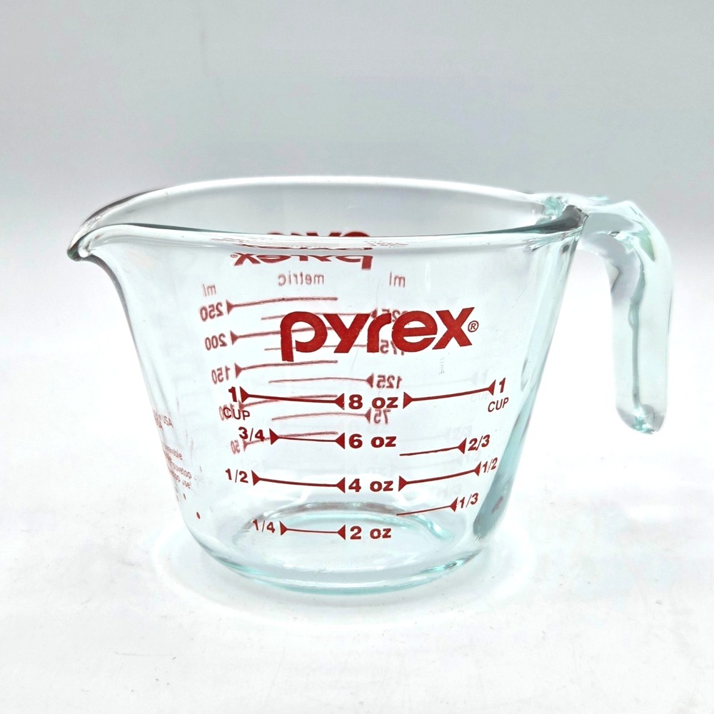 Pyrex 1 Cup Clear Measuring Cup with Red Graphics Oven Safe Made in USA